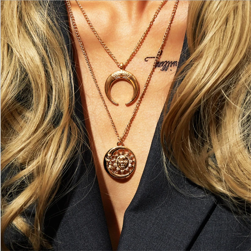 

Vintage Double Layer Pendant Moon Necklace for Women Gold Color Sun Charm Choker Necklaces Boho Fashion Jewelry Gift