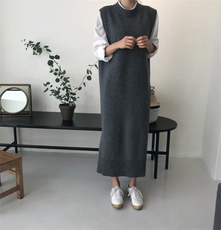 XITAO, вязаное платье с разрезом, модное, новинка, зимнее, длинное, без рукавов, прямое, маленькое, свежее, миноритарное, винтажное, пуловер, платье GCC2820