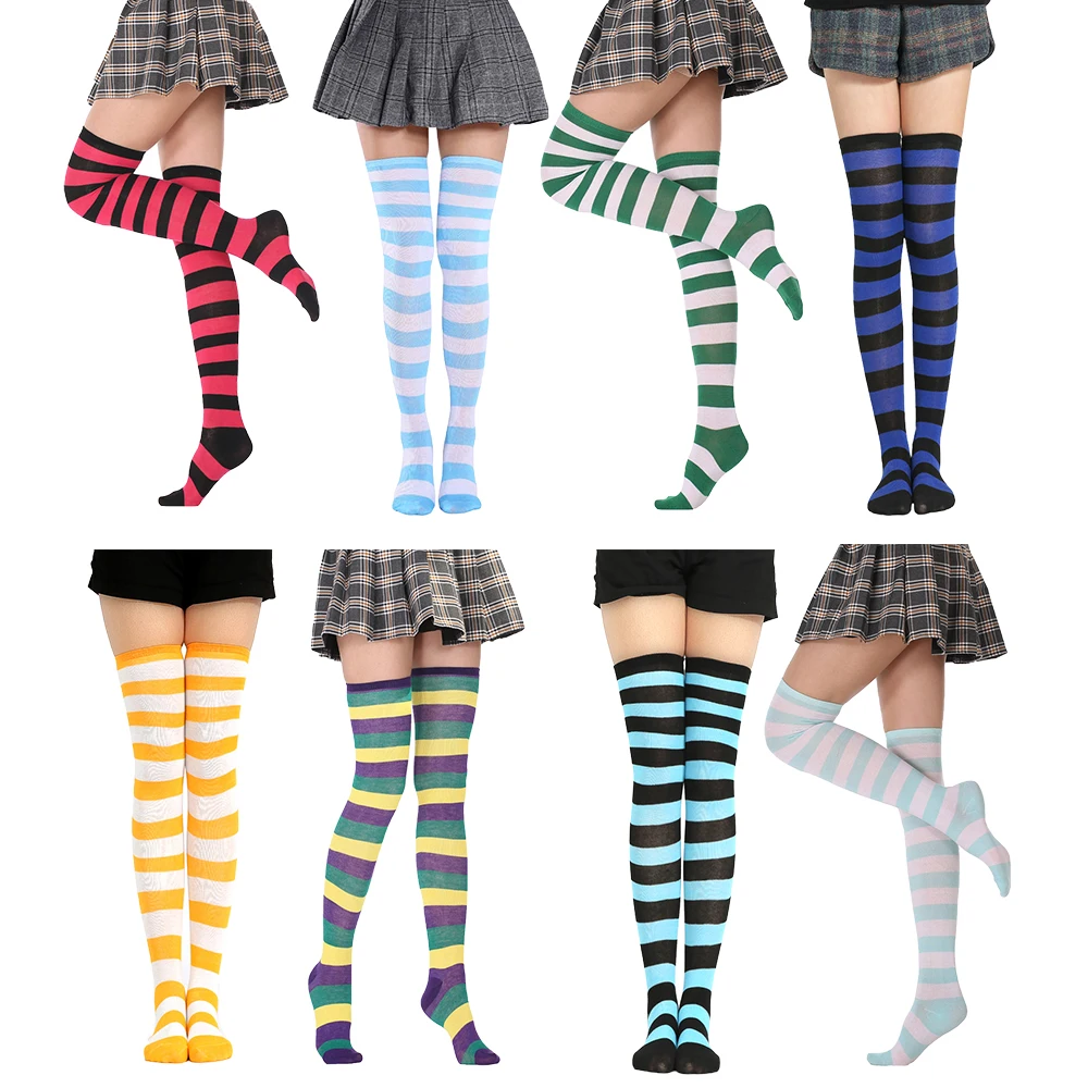 

Women Girls Over Knee Long Socks Stripe Printed Thigh High Striped Cotton Socks Casual Sweet Cute Plus Size Overknee Socks