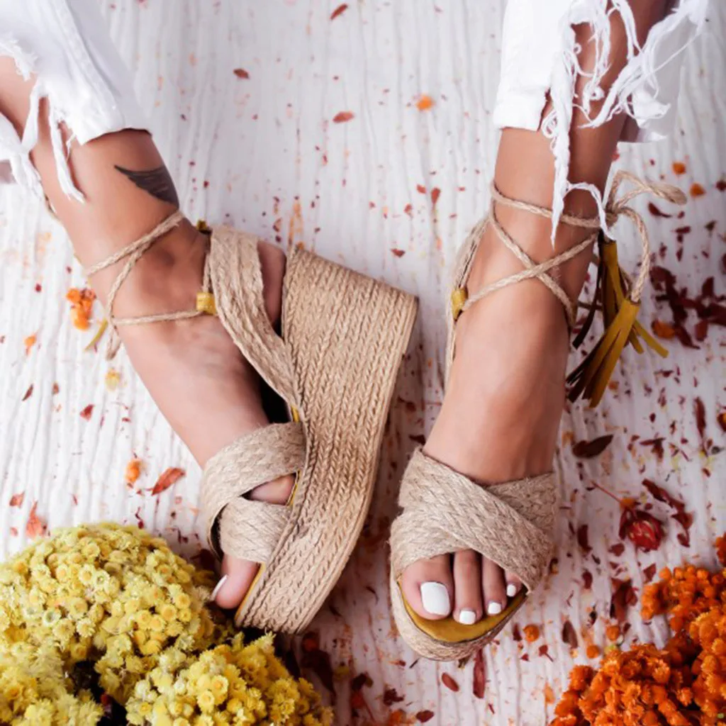 

SAGACE Women Ladies Casual Big Size Tassel Lace Up Wedges Sandals Roman Shoes Fashion Female Slides Summer Shoes Sandalias
