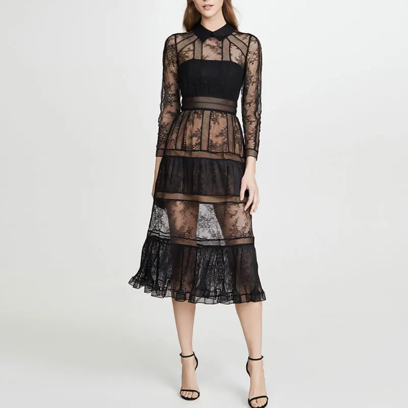 Весна 2020 Новое сексуальное прозрачное черное кружевное платье женское с