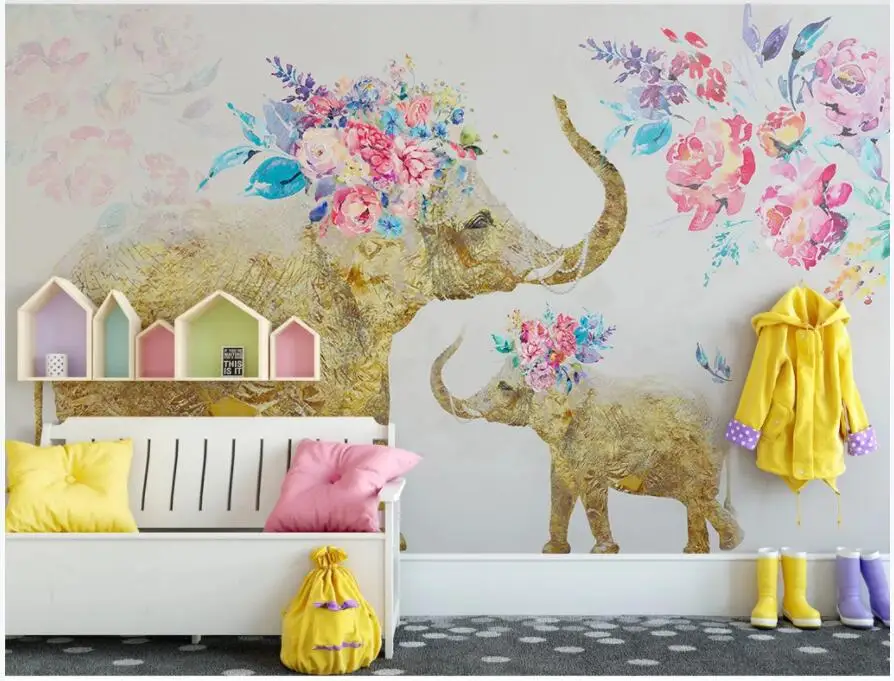 

Custom photo 3d wallpaper Hand painted golden elephant flower living room home decor 3d wall murals wallpaper for walls 3 d