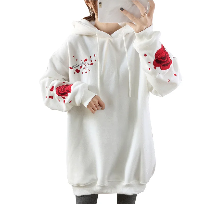 

Hooded Lace-up Long-sleeved Sweater Women's Extra-large Loose-fitting Print All-match Fashion Trend Top Pull Oversize Femme