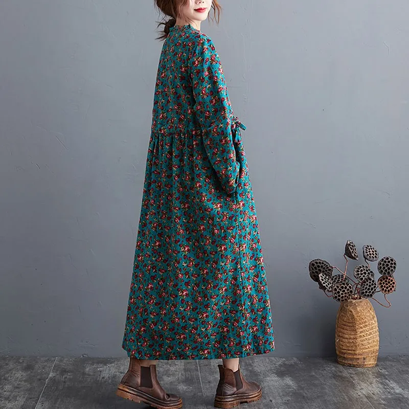 

Women Cotton Linen Long Dress New Arrival 2021 Spring Vintage Style Stand Collar Floral Print Loose Female Casual Dresses S3632