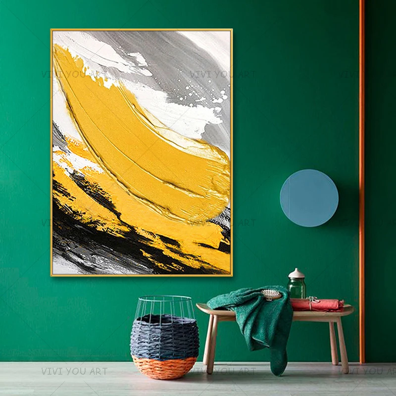 Best Art White Black Gray Yellow Abstract Oil Painting Canvas Handmade Home Decor Artwork | Дом и сад