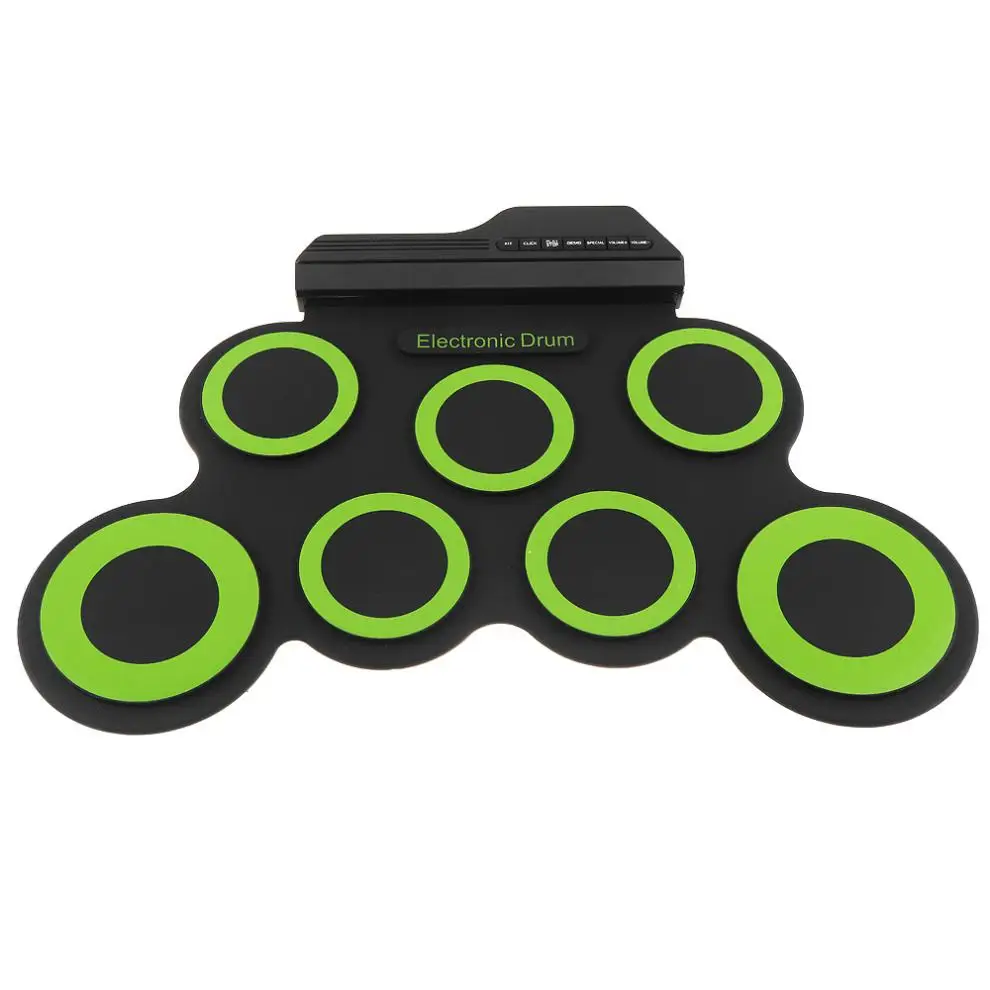 

Portable Electronic Digital USB 7 Pads Roll up Set Silicone Green Electric Drum Kit with Drumsticks and Sustain Pedal