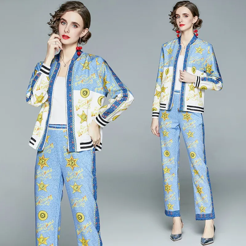 

spring Autumn Fashion Women Trousers Suits Print Jacket Coat + Pants Ladies 2 Pieces Blazer Sets