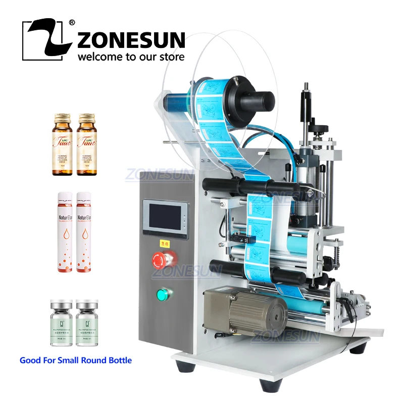 

ZONESUN Semi Automatic Desktop Vial Small Plastic Reagent Round Bottle Pen Single Double Sides Labeling Machine Label Applicator