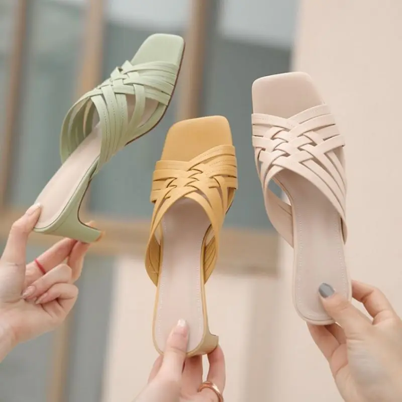 

RizaBina 2021 Fashion Women'S Sandals Square Toe Thick High Heels Lady Shoes For Summer Slip On Casual Footwear Size 34-39