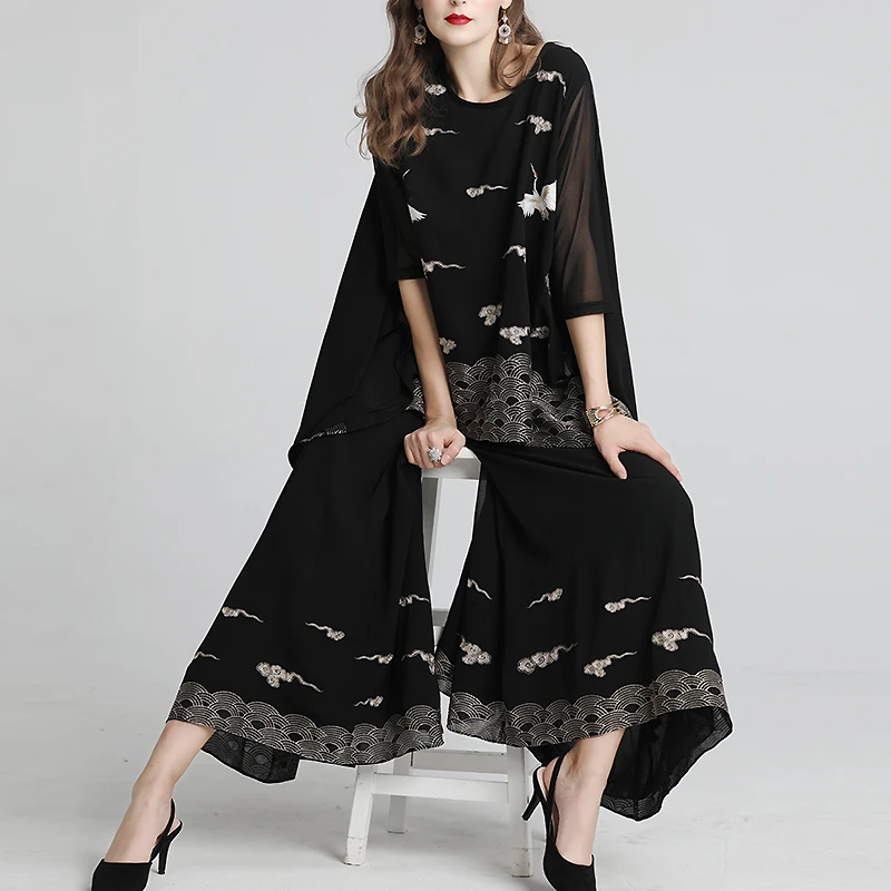 Plus Size Clothing 2020 Spring Summer Fashion Suits & Sets Women Exquisite Embroidery Loose Tops Blouse+Wide Leg Pant Set Female
