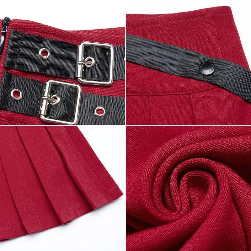 Женские плиссированные мини-юбки с поясом красные в стиле панк PQ-486BQ размеры: S-L |