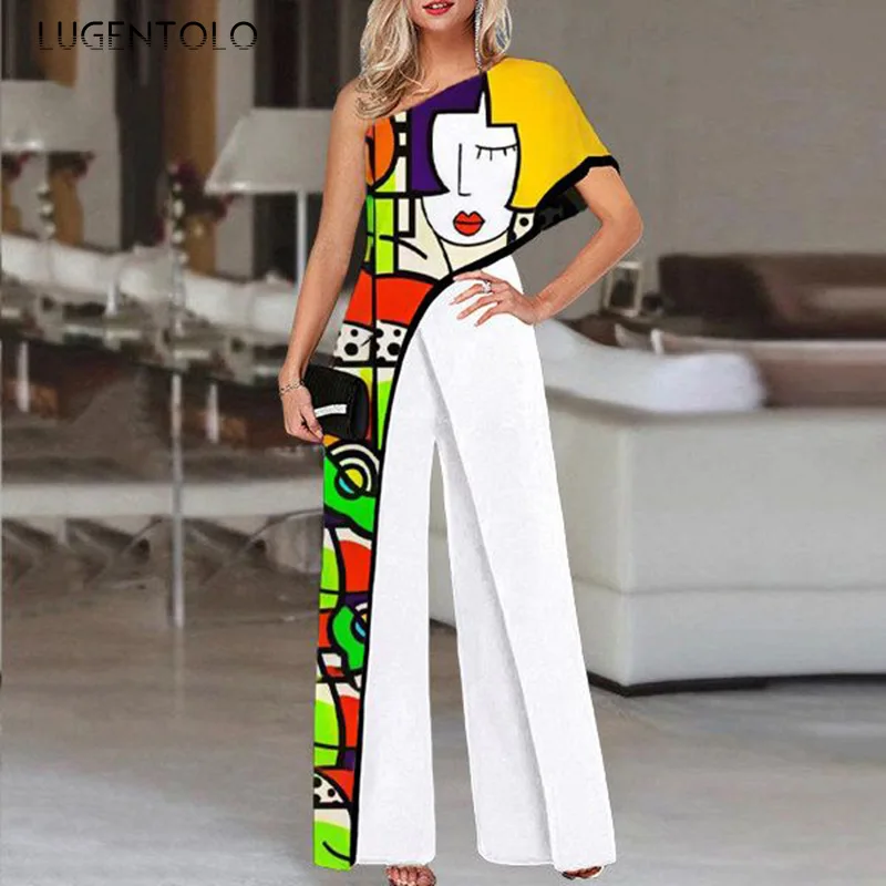 

Lugentolo Elegant Jumpsuit Women Graffiti Print Diagonal Shoulder High Waist Wide Leg Pants Lady Fashion Casua Long Jumpsuits