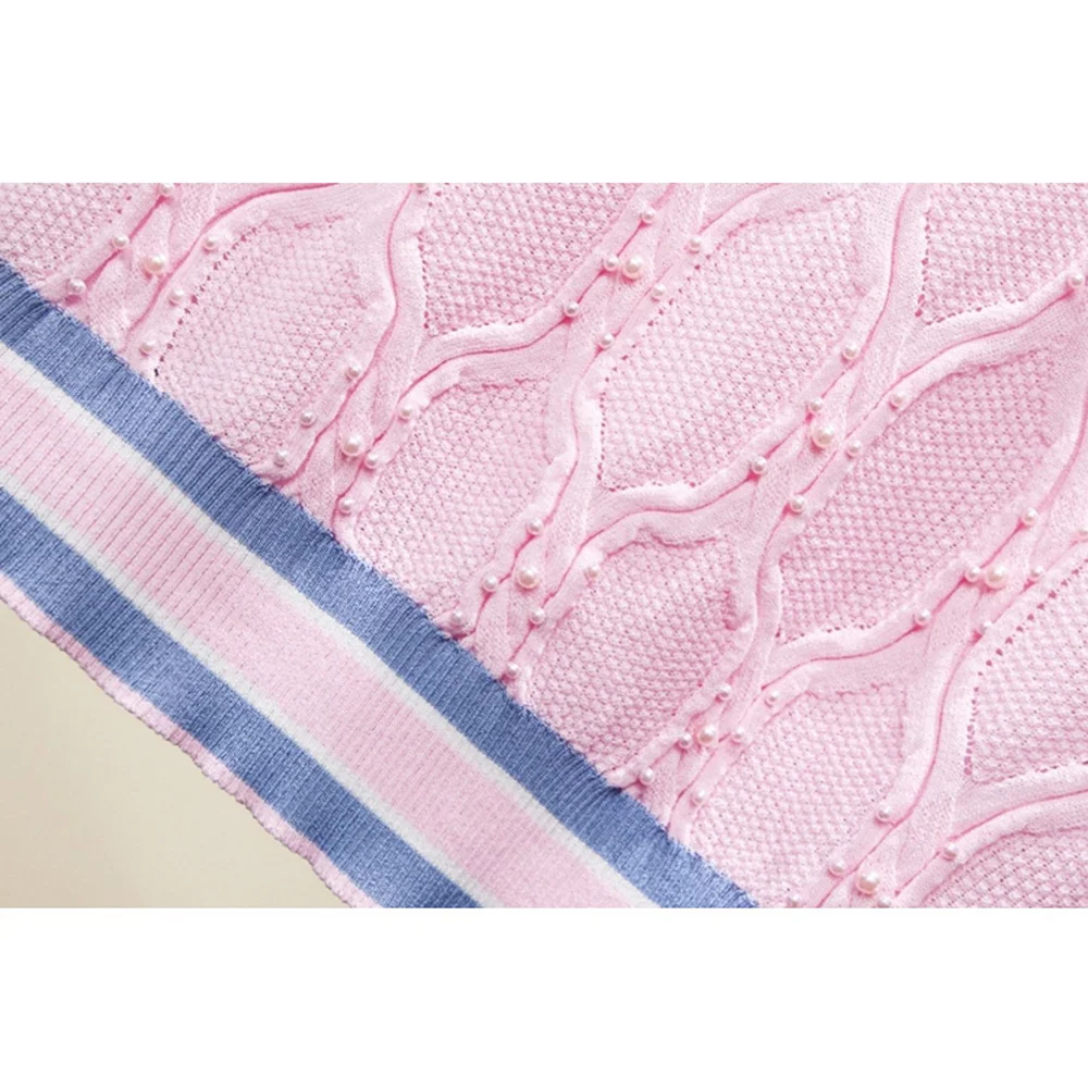 

Summer Plaid Pearl Beading Short Sleeve Knitted Slim Pullovers Women Fashion Casual Ice Silk O-Neck Tops Thin Sweater Woman