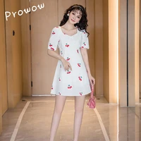 prowow 2021 korean new summer women mini dress white cherry vestidos square neck slim waist robe sweet plus size elegant dresses