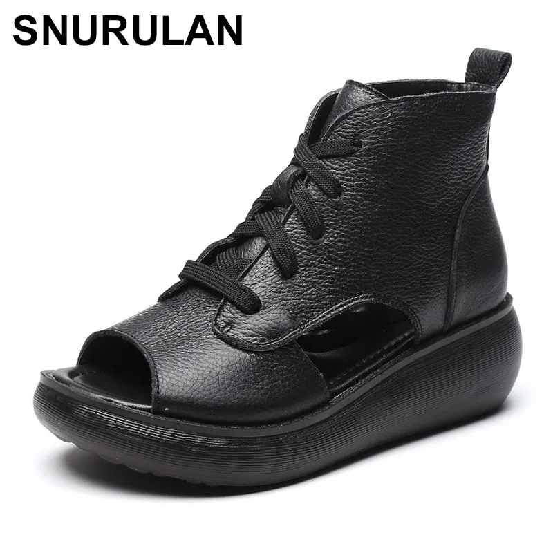 

SNURULAN Promotion High Cowhide Summer Women Sandals Summer Leather Sandals Fish Mouth Shoes Roman Sandals Platform Wedge Sandal