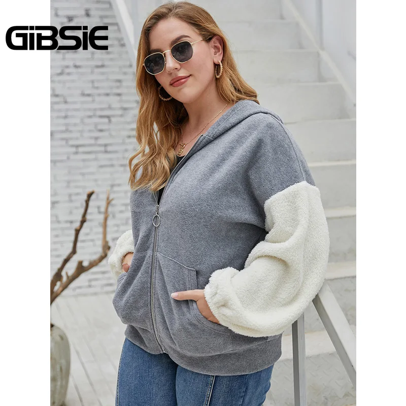 

GIBSIE Plus Size Color Block Long Sleeve Fleece Coat Women Autumn Winter Hooded Zipper Jacket Female Casual Warm Coats Outerwear