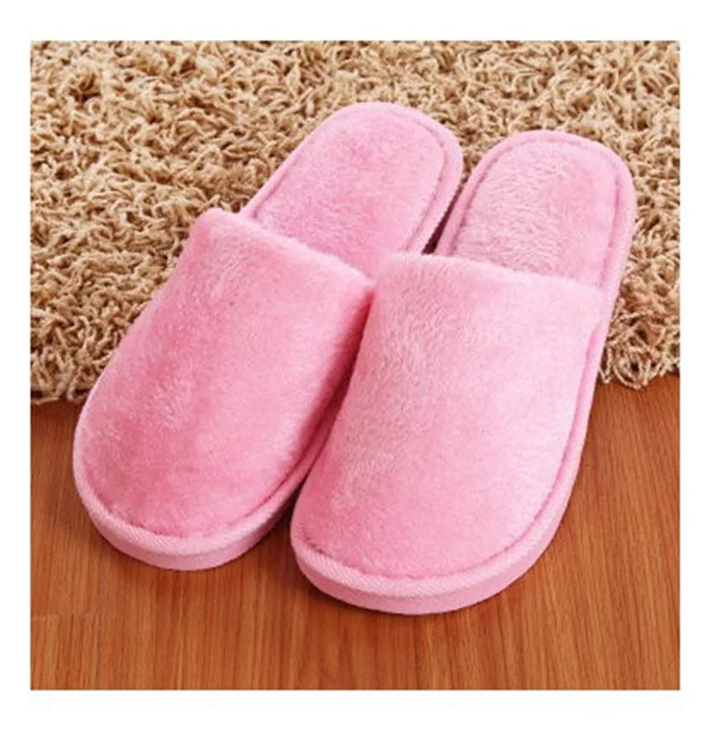 Pink Новинка года; теплые женские и мужские тапочки; короткие плюшевые домашние тапочки из флока для мужчин; износостойкая Нескользящая прошитая мягкая мужская обувь - Цвет: Pink