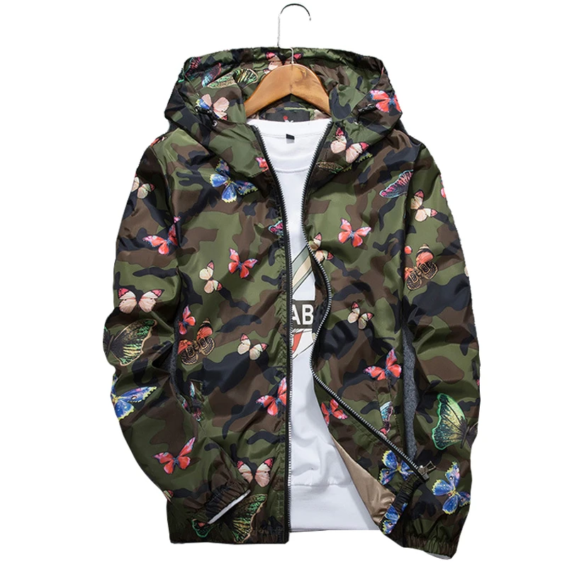 Mens Casual Camouflage Hoodie Jacket 2021 New Autumn Butterfly Print Clothes Men's Hooded Windbreaker Coat Male Outwear