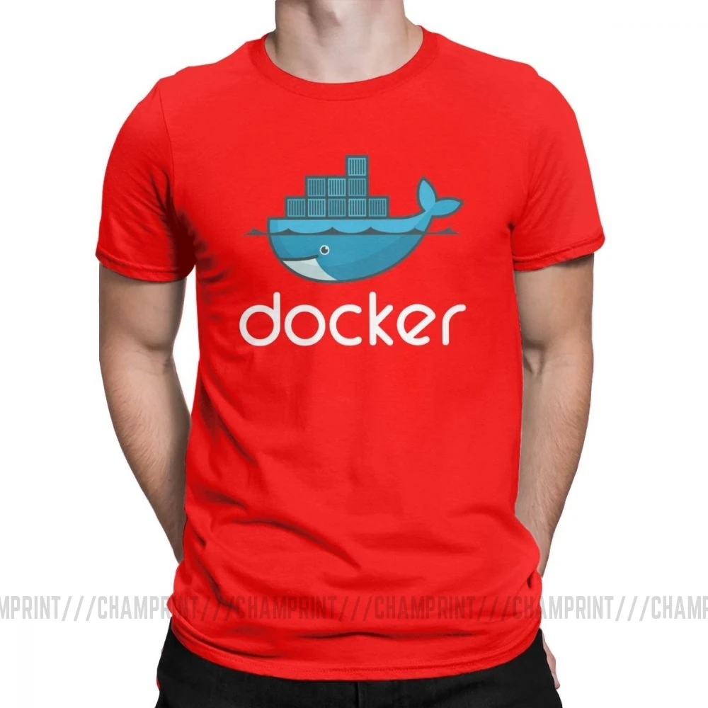 Мужская футболка с логотипом Docker, Linux, Javascript, компьютерная хлопковая одежда, Забавные футболки с коротким рукавом и круглым вырезом, графические футболки - Цвет: Красный
