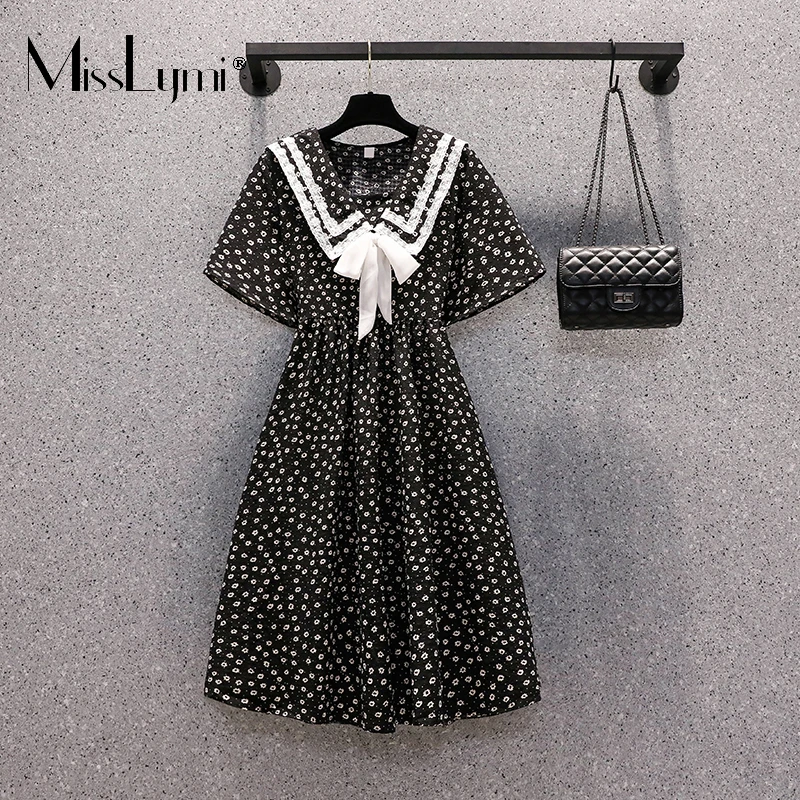 

Plus Size Women Summer Lace Sailor Collar Sweet Floral Dresses 2021 Fashion Cute Big Bow Short Sleeve Printed Pleated Long Dress