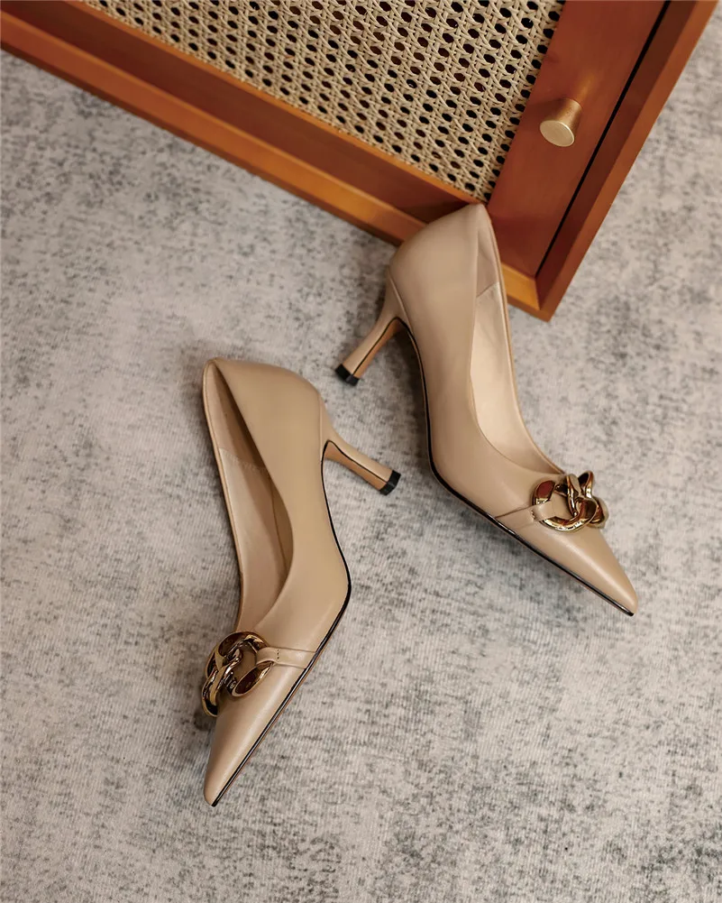 

Meotina Genuine Leather High Heels Stiletto Heel Women Shoes Metal Decoration Pointed Toe Pumps Office Ladies Footwear