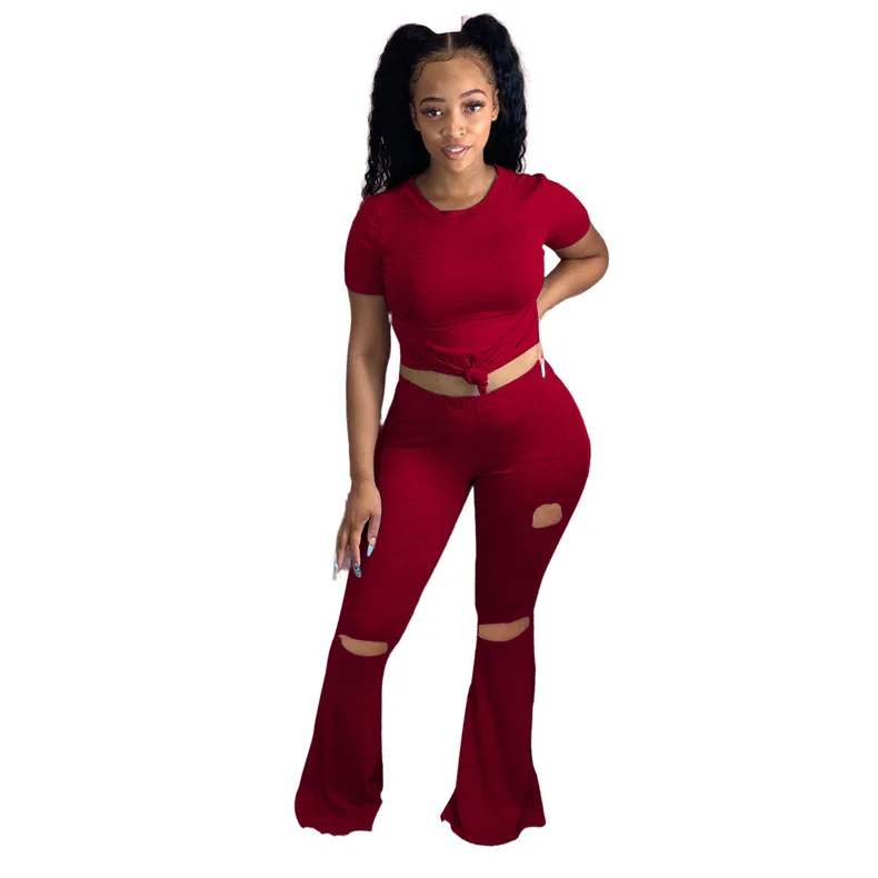 

Zoctuo Solid Women'S Set Short Sleeve Two Piece Set Outfits Classic T-Shirt Tops Hole Wide Leg Flare Jogger Pants Set Suit