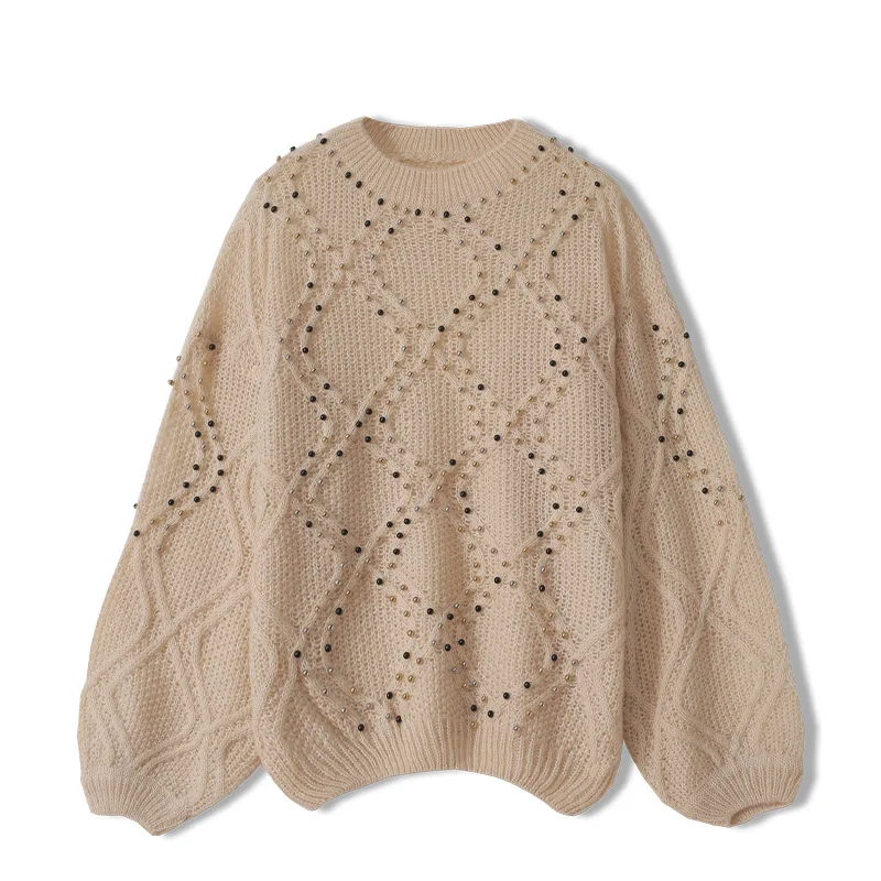 

High Quality Runway Fall Winter Luxury Clothes Top Women Loose Lantern Sleeve Beaded Swaeter Knitted Female Pullover Elegant