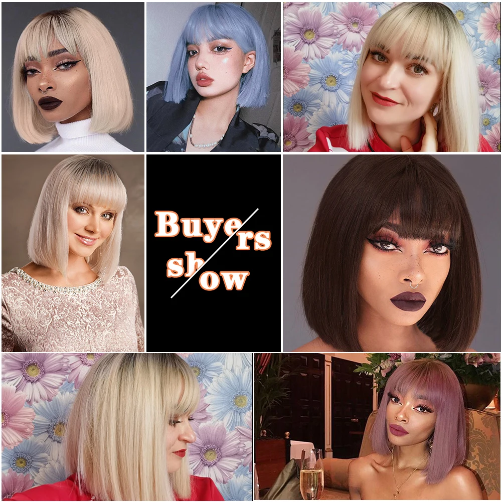 

AISI BEAUTY Synthetic Wigs Ombre Blonde Short Straight Bob Wigs with Bangs for Women Black Pink Purple Red Natural Hairline Wigs
