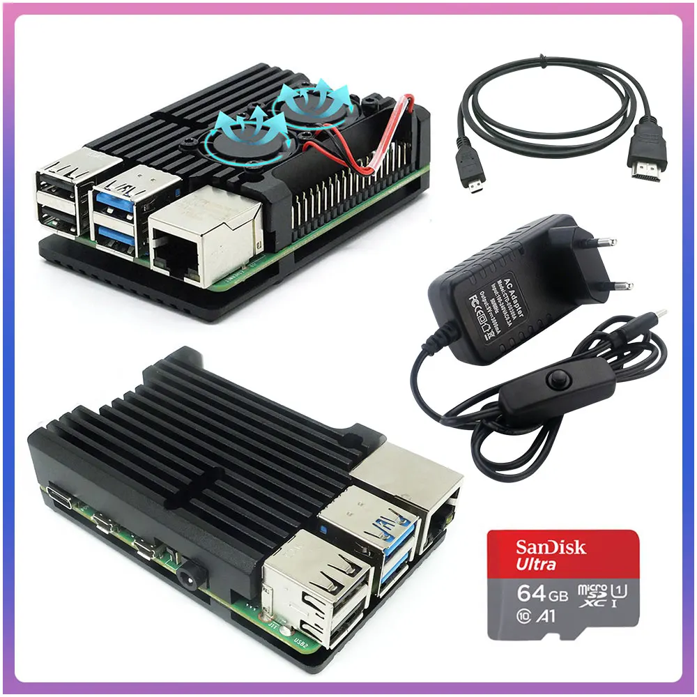 

Raspberry Pi 4 Model B Aluminum Metal Case with Super Two Cooling Fan + power adapter+32GB Card+HDMI for Raspberry Pi 4B Pi4
