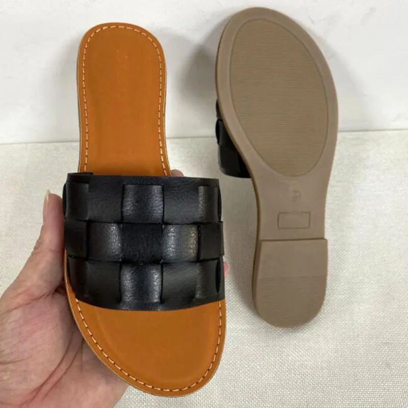 

Summer Women Slippers Flat Slides Woman Outside Trendy Large Size Women Flat Heels Shoes Leather Fashion Female 2021 Slippers