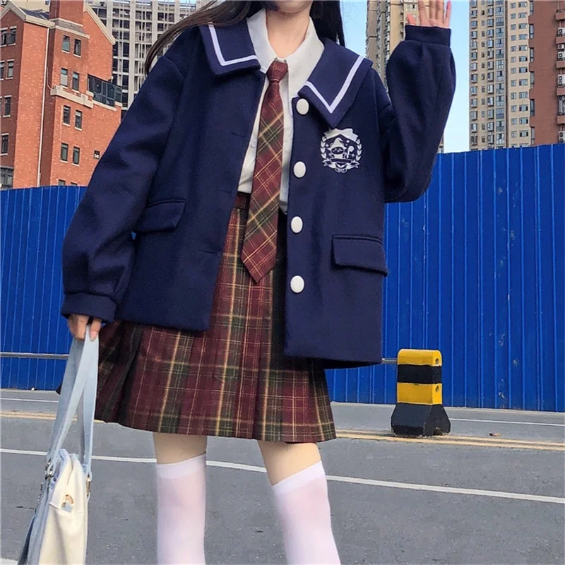 

Japanese Winter Sweet Soft Girl Coat Kawaii Sailor Collar Loose Cute Full Sleeve Keep Warm Thicken JK Uniform Cardigan Outerwear