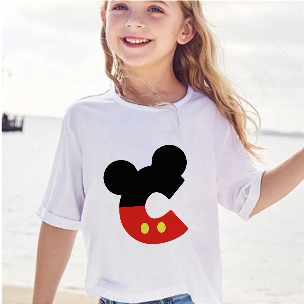 

Disney Mickey Minnie T-shirt Name Design Letter Loose Tops Harajuku Kids Tshirt Summer Casual Tee Boys Girls Clothes Kawaii