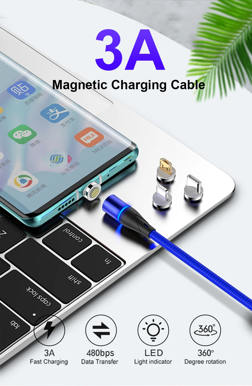 Магнитный кабель IPSKY, 3 А, быстрая зарядка через usb, Тип C, для телефона, вращение на 360, магнитный кабель для передачи данных для Iphone X XR, зарядное устройство для samsung, шнур
