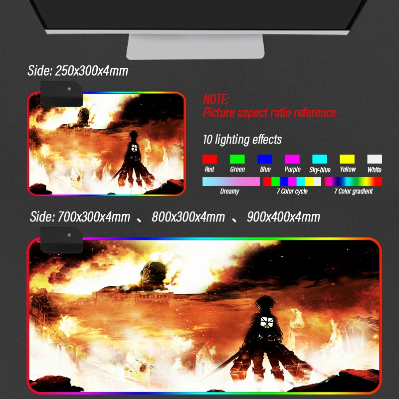 

Attack on Titan RGB Eren Gaming Mouse Pad WOW Gamer Computer Mousepad Backlit Mause Large Desk Keyboard LED Mice Mat Support DIY