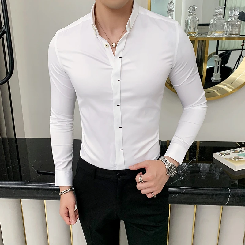 Мода 2019 Мужская рубашка высокого качества однотонная официальная одежда мужские