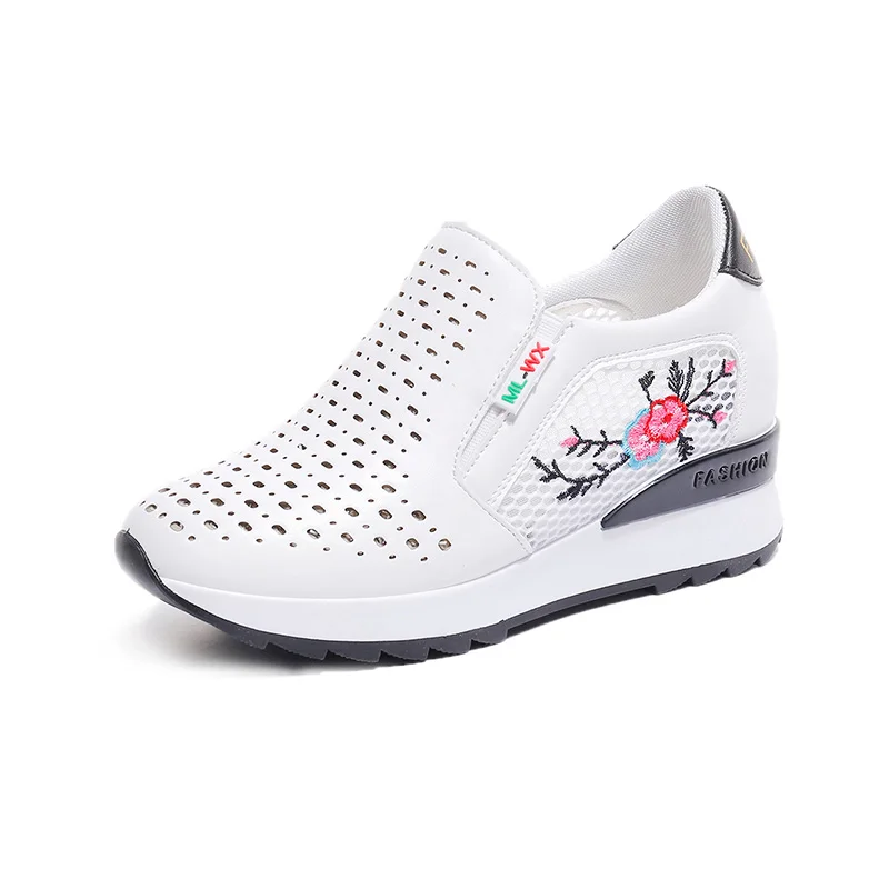 Summer Style White Повседневные лоферы на высоком каблуке; дышащая обувь из вулканизированной кожи; женские кроссовки из искусственной кожи с круглым носком; обувь на платформе с вышивкой; tenis feminino - Цвет: Summer Style White