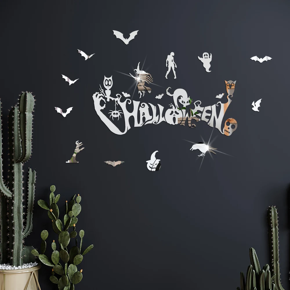 

Акриловые зеркальные настенные наклейки на Хэллоуин 3D DIY самоклеющиеся настенные наклейки ведьмы, призрачная летучая мышь, зомби-бар, украш...