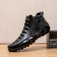 crocodile pattern mens leather shoes british medium top mens short boots leather large zapatos de hombre winter warm male boot