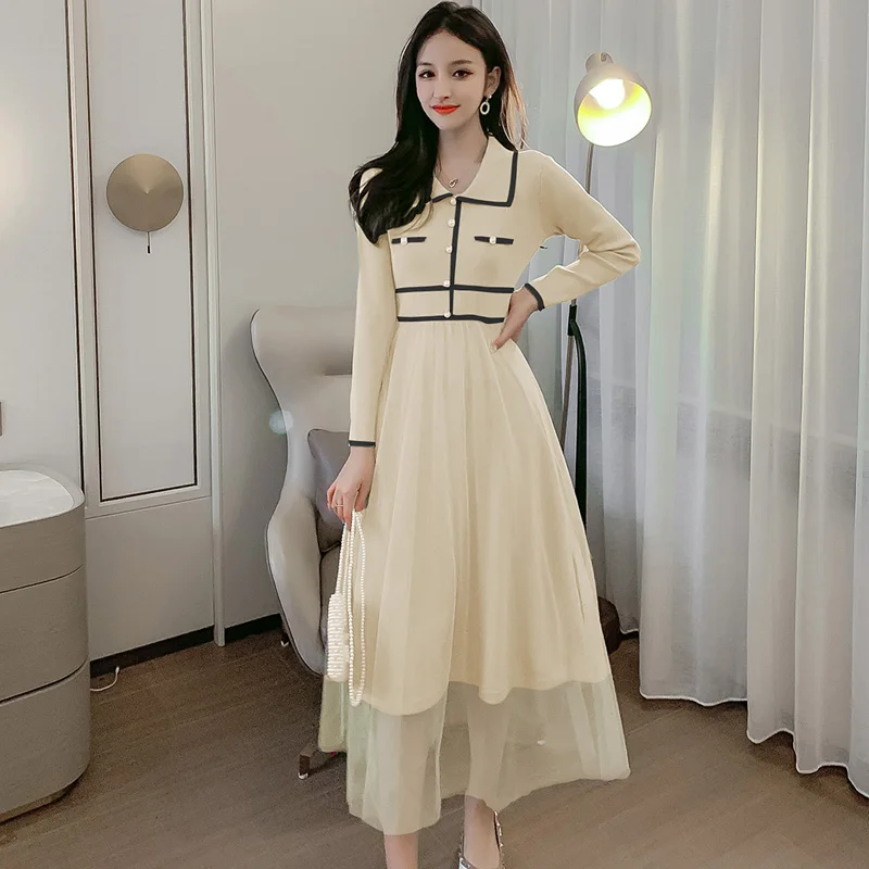 Повседневное элегантное лоскутное однобортное платье с отложным воротником и