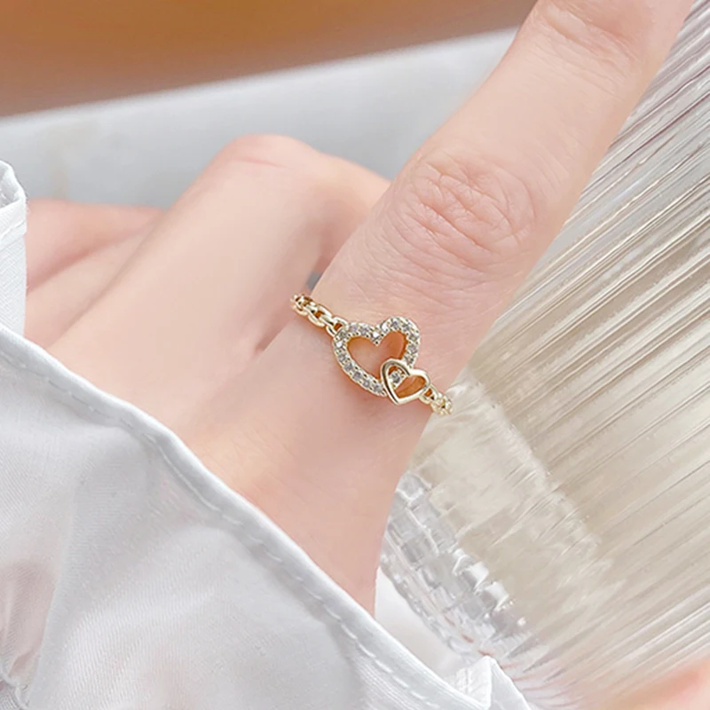 

Exquisite 14k Real Gold Romantic Heart Rings for Women Top Designer Jewelry Adjustable Open Micro Inlay Zirconia Girls Gift Hot
