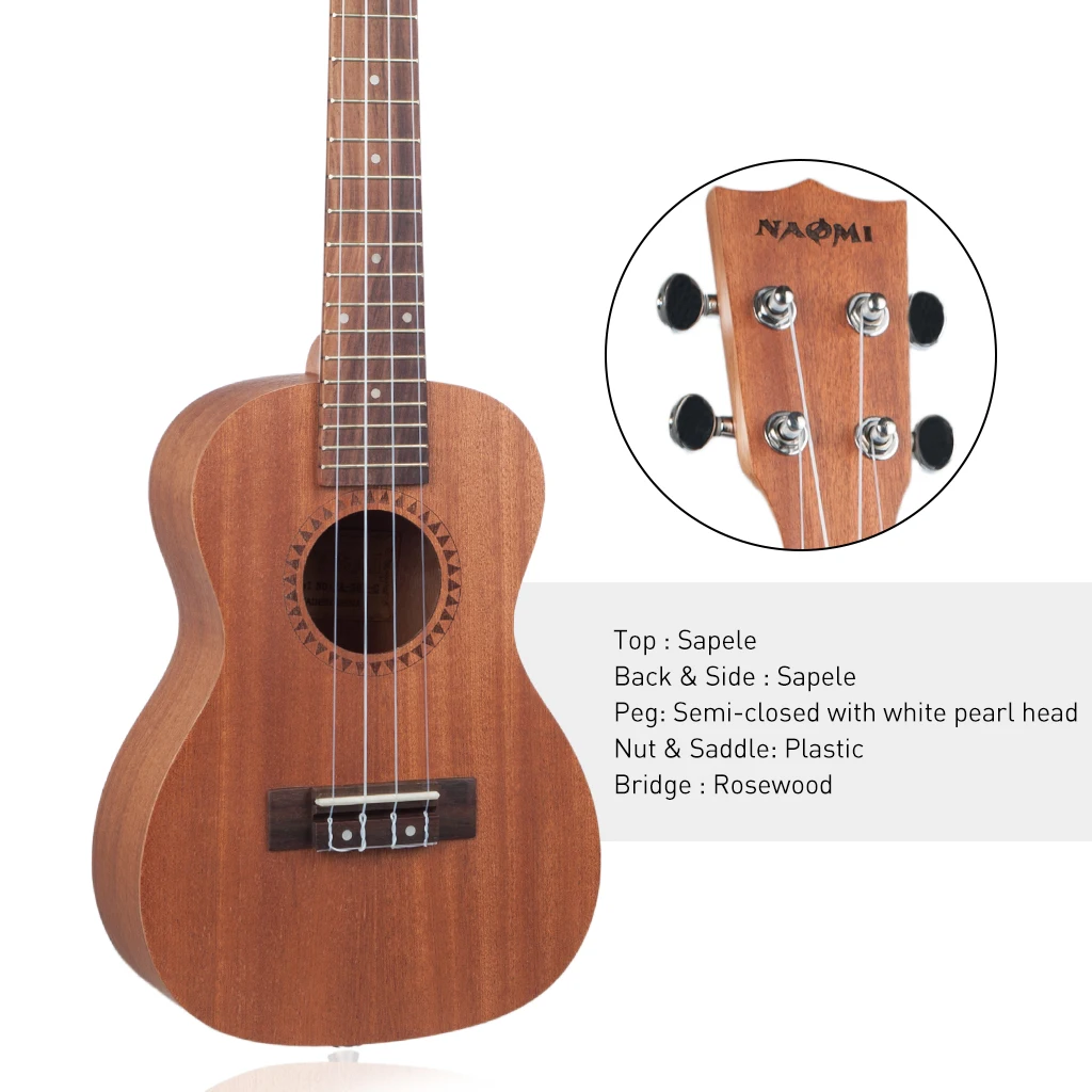NAOMI Concert Ukulele Kit Vintage Uke for Beginner With Starter Gig Bag 23 Inch Sapele Wood | Спорт и развлечения