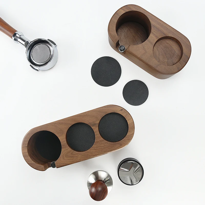 Soporte de filtro de caf&eacute; de 51mm/53mm/58mm, soporte de apisonamiento, estera distribuidor de Espresso de madera de haya, estante Base para accesorios de Barista-3