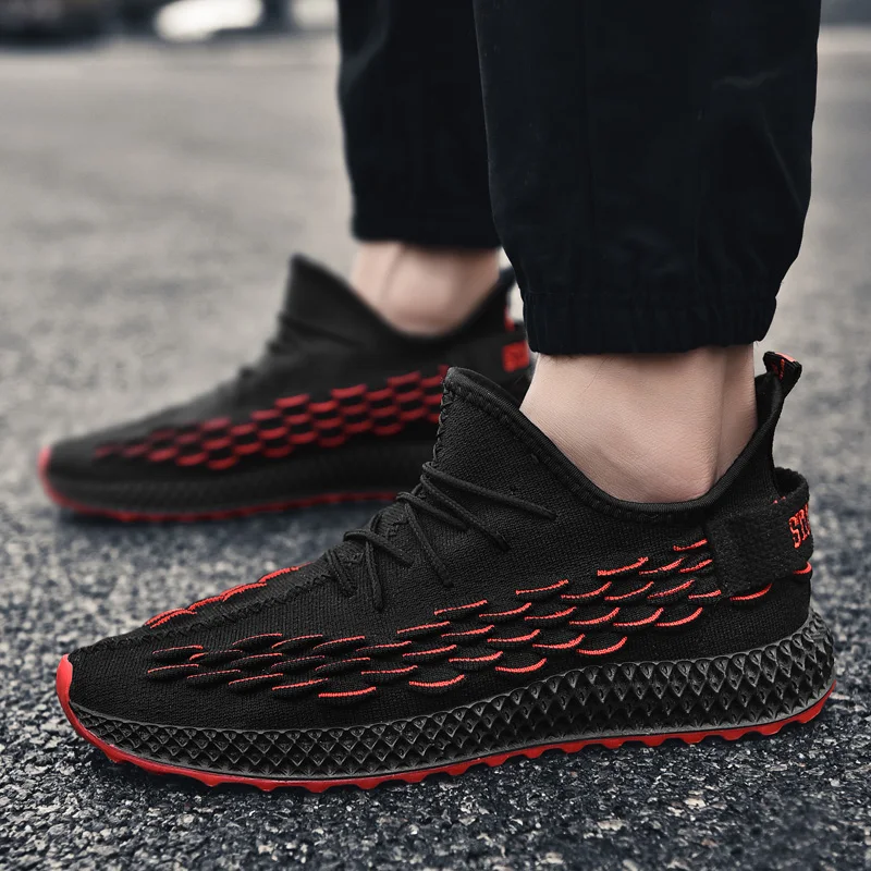 D86-blackred Мужские кроссовки, черные, сетчатые, дышащие, спортивная обувь для бега, мужские, на шнуровке, износостойкие, мужские, низкие, спортивные кроссовки, zapatillas hombre - Цвет: D86-blackred