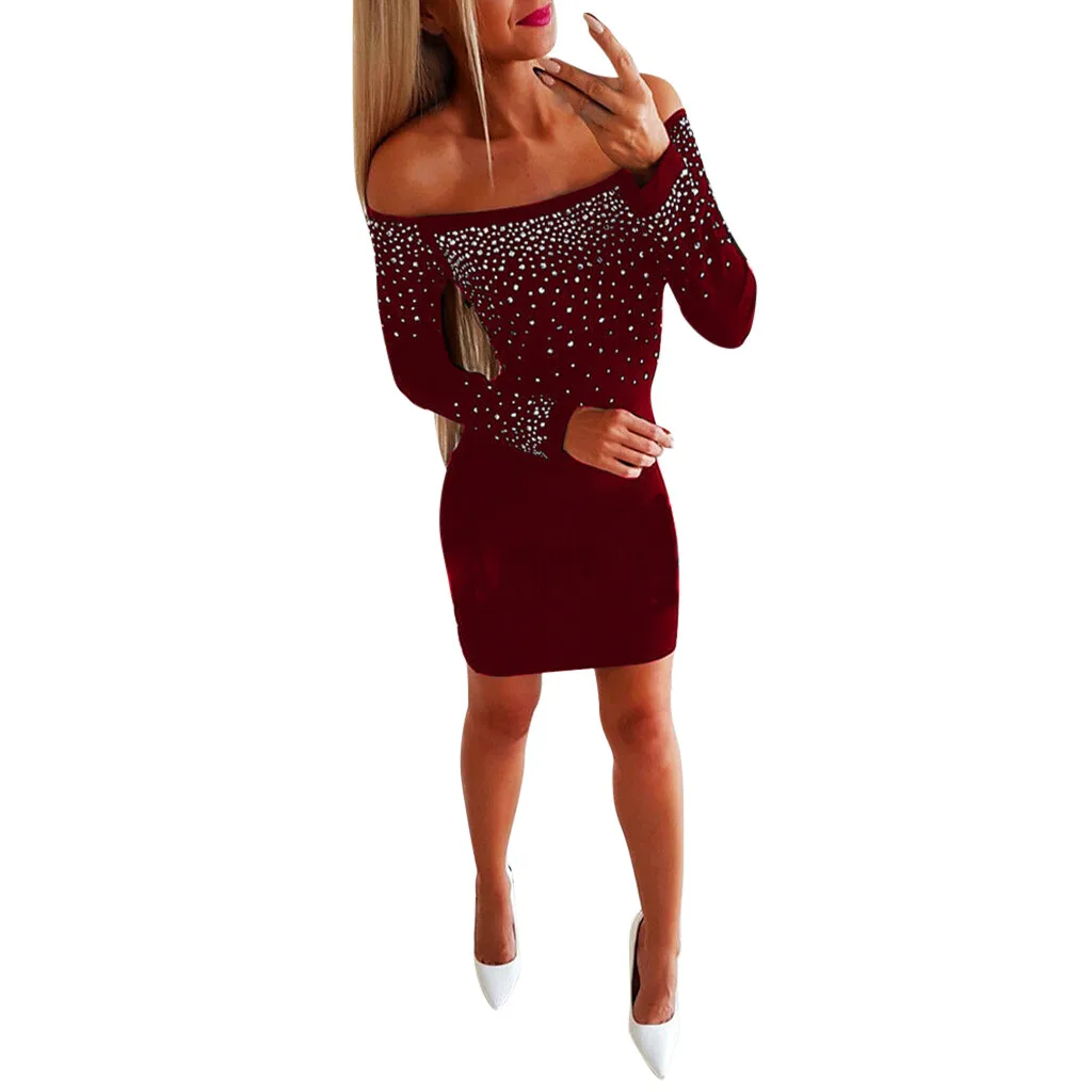 Сексуальное платье с открытыми плечами, вечерние платье Для женщин Bodycon осеннее платье с длинными рукавами ярких блестящее платье сплошной цвет Горячая Дрель платья Vestido Robe Femme