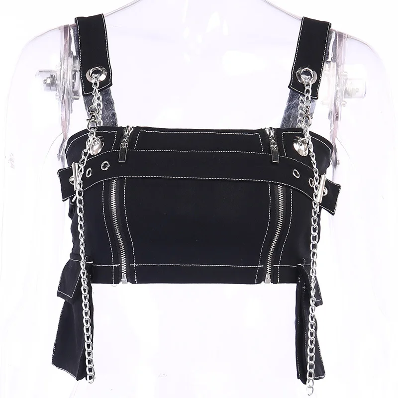 NCLAGEN ремень с цепочкой Готическая джинсовая майка на молнии карманами лоскутный