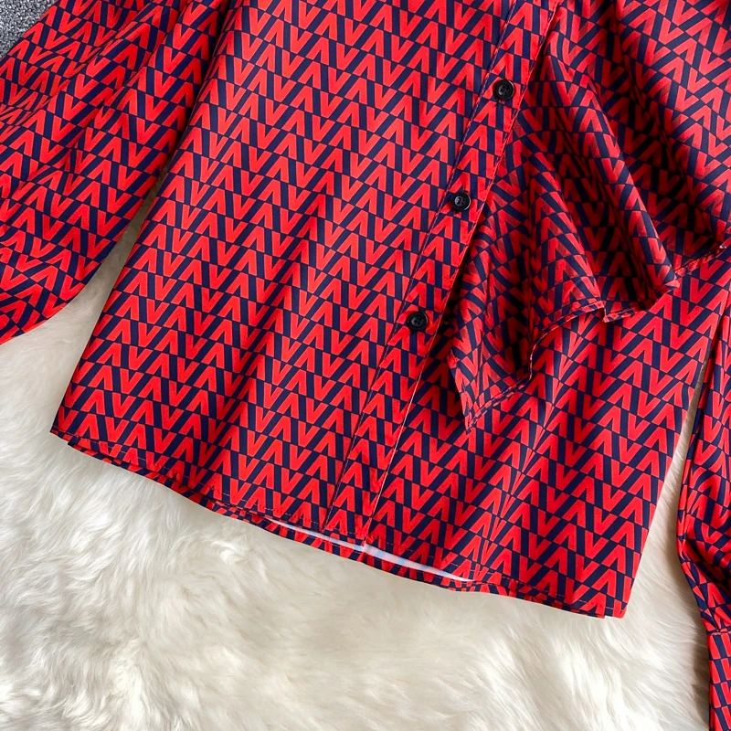 

Women's Red Off the Shoulder Plaid Straight Long Sleeve Stand Collar Woman Shirts 2021 Fall New Chic Fashion Buttons Tops Female