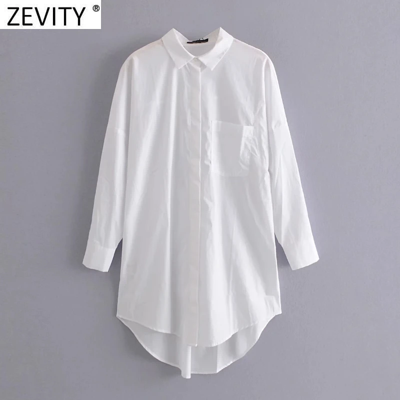 Zevity New Women Simply Pocket Patch Casual Long Blouse Ladies Long Sleeve Business Shirt Chic Femme Breasted Blusas Tops LS7346