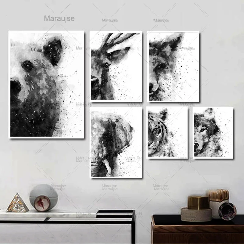 Абстрактные акварельные животные черно-белые плакаты и принты Тигр лиса слон