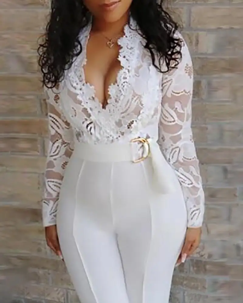 women white lace bodysuit sexy v neck office lady elegant romper jumpsuit fashion slim body femme |