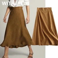 maxdutti faldas mujer moda 2021 england office lady indie folk skirts womens simple linen high waist a line midi skirt womenlong